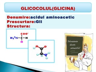 Denumire:acidul aminoacetic
Prescurtare:Gli
Structura:
 