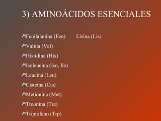 3) AMINOÁCIDOS ESENCIALES Fenilalanina (Fen)  Lisina (Lis) Valina (Val) Histidina (His) Isoleucina (Iso, Ile) Leucina (Leu) Cisteina (Cis) Metionina (Met) Treonina (Tre) Triptofano (Trp) 