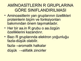 AMİNOASİTLERİN R GRUPLARINA
GÖRE SINIFLANDIRILMASI
• Aminoasitlerin yan gruplarının özellikleri
proteinlerin biçim ve fonksiyonları
bakımından önem taşımaktadır.
• Her bir aa.in R grubu o aa.özgün
özelliklerini kazandırır.
• Bazı R gruplarında elektron yoğunluğu
fazla-düşük olabilir.
fazla→aromatik halkalar
düşük →alifatik zincirler
 