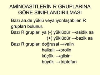 AMİNOASİTLERİN R GRUPLARINA
GÖRE SINIFLANDIRILMASI
Bazı aa.de yüklü veya iyonlaşabilen R
grupları bulunur.
Bazı R grupları ya (-) yüklüdür →asidik aa
(+) yüklüdür →bazik aa
Bazı R grupları doğrusal →valin
halkalı →prolin
küçük →glisin
büyük →triptofan
 