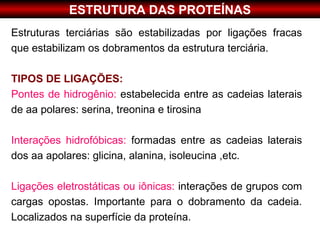ESTRUTURA DAS PROTEÍNAS
Estruturas terciárias são estabilizadas por ligações fracas
que estabilizam os dobramentos da estrutura terciária.

TIPOS DE LIGAÇÕES:
Pontes de hidrogênio: estabelecida entre as cadeias laterais
de aa polares: serina, treonina e tirosina

Interações hidrofóbicas: formadas entre as cadeias laterais
dos aa apolares: glicina, alanina, isoleucina ,etc.

Ligações eletrostáticas ou iônicas: interações de grupos com
cargas opostas. Importante para o dobramento da cadeia.
Localizados na superfície da proteína.
 