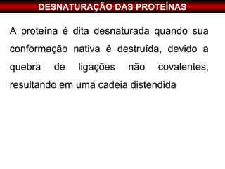 DESNATURAÇÃO DAS PROTEÍNAS

A proteína é dita desnaturada quando sua
conformação nativa é destruída, devido a
quebra   de   ligações   não   covalentes,
resultando em uma cadeia distendida
 