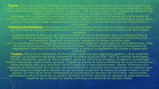 • Taurina: junto con el GABA, forman parte de las moléculas con acción inhibidora sobre el tejido cerebral, por
tanto es eficaz como anticonvulsivo y ansiolítico; los resultados de los estudios preliminares sugieren su utilidad
en el tratamiento de algunas formas clínicas de epilepsia. Usos clínicos: Litiasis biliar, prolapso de válvula mitral,
hipertensión arterial, hiperbilirrubinemia, fotosensibilidad y diabetes.
Metionina: Por su capacidad de estimular la síntesis de dopa, es eficaz en el manejo de la enfermedad de
Parkinson. Posee un efecto protector frente a las radiaciones. Su administración es beneficiosa en los pacientes
adictos a la heroína así como en aquellos pacientes sometidos a tratamiento por adicción a barbitúricos o
anfetaminas.
Valina/Leucina/Isoleucina: Aminoácidos con efecto estimulante sobre la síntesis proteica con la peculiaridad
que favorecen la reutilización de aminoácidos con la consecuente reducción en la destrucción de proteínas
endógenas.
La leucina provoca la liberación de insulina, hormona con efecto estimulante sobre la síntesis proteica e
inhibidor sobre su degradación. Por este efecto su administración es particularmente beneficiosa en el
entrenamiento deportivo, ya que puede reemplazar la terapia con esteroides.
Los tres son eficaces en el manejo de alteraciones caracterizadas por bajos niveles de estos aminoácidos, como
es el caso de la anorexia y la enfermedad de Parkinson. También se han utilizado en el tratamiento de
hepatopatias, hepatitis y cirrosis. Particularmente, la valina es un suplemento útil cuando el hígado está
debilitado.
Treonina: Eficaz en el tratamiento de alteraciones espásticas con componente genético y de la esclerosis
múltiple. Se ha descrito que puede incrementar los niveles de glicina (286, 289). Se continua investigando.
Glicina: Aminoácido, que por su efecto sedante, puede ser efectivo en el manejo terapéutico de episodios
maniaco-depresivos, espasticidad y epilepsia. También se dispone de datos preliminares de su acción beneficiosa
sobre patologías como gota, miastenia, distrofia muscular e hipercolesterolemia. Alanina: Interviene en la
regulación del metabolismo de la glucosa. Las determinaciones realizadas tanto en pacientes con diabetes como
en pacientes con hipoglicemia demuestran que los niveles sanguíneos de alanina son proporcionales a los de
glucosa. Se trata de un factor fundamental en los procesos de reproducción linfocitaria, repercutiendo
positivamente sobre la inmunidad en general. Estudios recientes realizados en animales de experimentación,
muestran que la terapia con alanina contribuye a la disolución de cálculos renales.
 