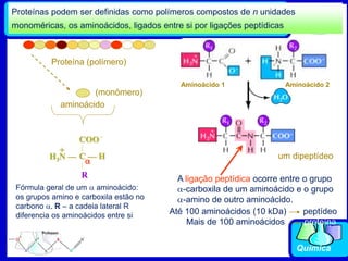 Química
Proteínas podem ser definidas como polímeros compostos de n unidades
monoméricas, os aminoácidos, ligados entre si por ligações peptídicas
A ligação peptídica ocorre entre o grupo
a-carboxila de um aminoácido e o grupo
a-amino de outro aminoácido.
Até 100 aminoácidos (10 kDa) peptídeo
Mais de 100 aminoácidos proteína
aminoácido
COO
C — H
R
H3N —
+
a
Fórmula geral de um a aminoácido:
os grupos amino e carboxila estão no
carbono a. R – a cadeia lateral R
diferencia os aminoácidos entre si
(monômero)
Proteína (polímero)
um dipeptídeo
Aminoácido 1 Aminoácido 2
 