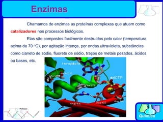 Química
Chamamos de enzimas as proteínas complexas que atuam como
catalizadores nos processos biológicos.
Elas são compostos facilmente destruídos pelo calor (temperatura
acima de 70 oC), por agitação intença, por ondas ultravioleta, substâncias
como cianeto de sódio, fluoreto de sódio, traços de metais pesados, ácidos
ou bases, etc.
Enzimas
 