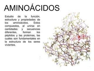 AMINOÁCIDOS
Estudio de la función,
estructura y propiedades de
los aminoácidos. Estos
compuestos, al unirse en
cantidades y secuencias
diferentes, forman los
péptidos y las proteínas, las
cuales son fundamentales en
la estructura de los seres
vivientes.
 