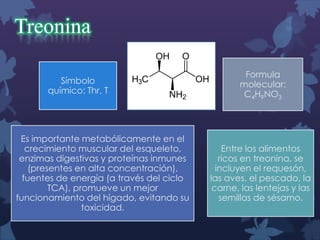 Treonina
Símbolo
químico: Thr, T

Es importante metabólicamente en el
crecimiento muscular del esqueleto,
enzimas digestivas y proteínas inmunes
(presentes en alta concentración),
fuentes de energía (a través del ciclo
TCA), promueve un mejor
funcionamiento del hígado, evitando su
toxicidad.

Formula
molecular:
C4H9NO3

Entre los alimentos
ricos en treonina, se
incluyen el requesón,
las aves, el pescado, la
carne, las lentejas y las
semillas de sésamo.

 