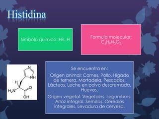 Histidina
Símbolo químico: His, H

Formula molecular:
C6H9N3O2

Se encuentra en:
Origen animal: Carnes. Pollo. Hígado
de ternera. Mortadela. Pescados.
Lácteos. Leche en polvo descremada.
Huevos.
Origen vegetal: Vegetales. Legumbres.
Arroz integral. Semillas. Cereales
integrales. Levadura de cerveza.

 