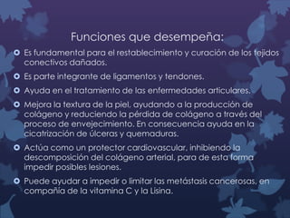 Funciones que desempeña:
 Es fundamental para el restablecimiento y curación de los tejidos
conectivos dañados.
 Es parte integrante de ligamentos y tendones.
 Ayuda en el tratamiento de las enfermedades articulares.
 Mejora la textura de la piel, ayudando a la producción de
colágeno y reduciendo la pérdida de colágeno a través del
proceso de envejecimiento. En consecuencia ayuda en la
cicatrización de úlceras y quemaduras.
 Actúa como un protector cardiovascular, inhibiendo la
descomposición del colágeno arterial, para de esta forma
impedir posibles lesiones.
 Puede ayudar a impedir o limitar las metástasis cancerosas, en
compañía de la vitamina C y la Lisina.

 