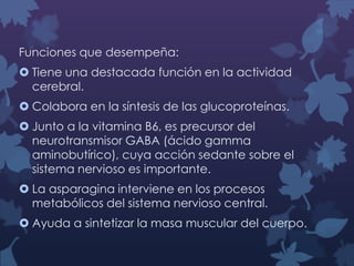 Funciones que desempeña:
 Tiene una destacada función en la actividad
cerebral.
 Colabora en la síntesis de las glucoproteínas.
 Junto a la vitamina B6, es precursor del
neurotransmisor GABA (ácido gamma
aminobutírico), cuya acción sedante sobre el
sistema nervioso es importante.
 La asparagina interviene en los procesos
metabólicos del sistema nervioso central.
 Ayuda a sintetizar la masa muscular del cuerpo.

 