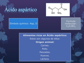 Ácido aspártico
Formula
molecular:
C4H7NO4

Símbolo químico: Asp, D

Alimentos ricos en Ácido aspártico:

Estos son algunos de ellos:
Origen animal:
Carnes.
Pollo.
Pescados.
Huevos.
Lácteos.

 