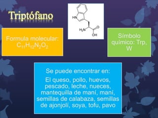 Triptófano 
Formula molecular: 
C11H12N2O2 
Símbolo 
químico: Trp, 
W 
Se puede encontrar en: 
El queso, pollo, huevos, 
pescado, leche, nueces, 
mantequilla de maní, maní, 
semillas de calabaza, semillas 
de ajonjolí, soya, tofu, pavo 
 
