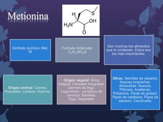 Metionina 
Símbolo químico: Met, 
M 
Formula molecular: 
C5H11NO2S 
Son muchos los alimentos 
que lo contienen. Estos son 
los más importantes: 
Origen animal: Carnes. 
Pescados. Lácteos. Huevos. 
Origen vegetal: Arroz 
integral. Cereales integrales. 
Germen de trigo. 
Legumbres. Levadura de 
cerveza. Semillas. 
Soja. Vegetales. 
Otros: Semillas de sésamo. 
Nueces brasileñas. 
Almendras. Nueces. 
Piñones. Avellanas. 
Pistachos. Pipas de girasol. 
Pipas de calabaza. Pipas de 
sésamo. Cacahuete. 
 