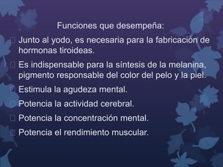 Funciones que desempeña: 
 Junto al yodo, es necesaria para la fabricación de 
hormonas tiroideas. 
 Es indispensable para la síntesis de la melanina, 
pigmento responsable del color del pelo y la piel. 
 Estimula la agudeza mental. 
 Potencia la actividad cerebral. 
 Potencia la concentración mental. 
 Potencia el rendimiento muscular. 
 