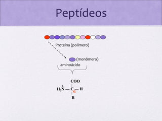 Peptídeos
Proteína (polímero)
(monômero)
aminoácido

COO
+
H3N — C — H

R

 