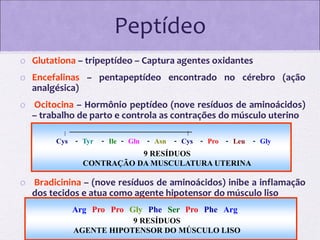 Peptídeo
o Glutationa – tripeptídeo – Captura agentes oxidantes

o Encefalinas – pentapeptídeo encontrado no cérebro (ação
analgésica)
o Ocitocina – Hormônio peptídeo (nove resíduos de aminoácidos)
– trabalho de parto e controla as contrações do músculo uterino
____________________________
Cys

- Tyr

- Ile - Gln

- Asn

- Cys

- Pro

- Leu

- Gly

9 RESÍDUOS
CONTRAÇÃO DA MUSCULATURA UTERINA

o Bradicinina – (nove resíduos de aminoácidos) inibe a inflamação
dos tecidos e atua como agente hipotensor do músculo liso
Arg Pro Pro Gly Phe Ser Pro Phe Arg
9 RESÍDUOS
AGENTE HIPOTENSOR DO MÚSCULO LISO

 