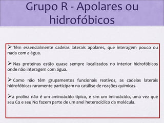 Grupo R - Apolares ou
hidrofóbicos
 Têm

essencialmente cadeias laterais apolares, que interagem pouco ou
nada com a água.

 Nas

proteínas estão quase sempre localizados no interior hidrofóbicos
onde não interagem com água.

 Como

não têm grupamentos funcionais reativos, as cadeias laterais
hidrofóbicas raramente participam na catálise de reações químicas.

a prolina não é um aminoácido típico, e sim um iminoácido, uma vez que
seu Cα e seu Nα fazem parte de um anel heterocíclico da molécula.

 