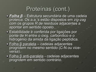 Proteínas (cont.) Folha  β  – Estrutura secundária de uma cadeia proteica. Os a.a.’s estão dispostos em  zig-zag  com os grupos  R  de resíduos adjacentes a apontar em sentido oposto. Estabilidade é conferida por ligações por ponte de H entre o oxig. carbonílico e o hidrogénio da amida da ligação peptídica.  Folha  β  paralela  – cadeias adjacentes progridem no mesmo sentido (C-N ou vice-versa). Folha  β  anti-paralela  - cadeias adjacentes progridem em sentido contrário. 