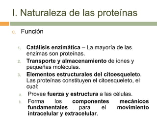 I. Naturaleza de las proteínas
C.        Función

     1.    Catálisis enzimática – La mayoría de las
           enzimas s...