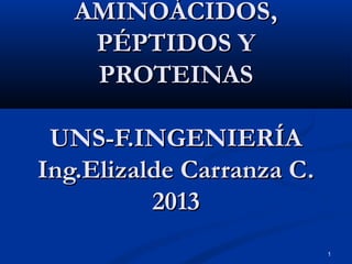 1
AMINOÁCIDOS,AMINOÁCIDOS,
PÉPTIDOS YPÉPTIDOS Y
PROTEINASPROTEINAS
UNS-F.INGENIERÍAUNS-F.INGENIERÍA
Ing.Elizalde Carranza C.Ing.Elizalde Carranza C.
20132013
 