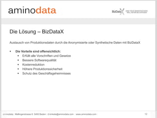 aminodata : Mellingerstrasse 6: 5400 Baden : d.kinkela@aminodata.com : www.aminodata.com : 12
Die Lösung – BizDataX
Austausch von Produktionsdaten durch die Anonymisierte oder Synthetische Daten mit BizDataX
 Die Vorteile sind offensichtlich:
 Erfüllt alle Vorschriften und Gesetze
 Bessere Softwarequalität
 Kostenreduktion
 Höhere Produktionssicherheit
 Schutz des Geschäftsgeheimnisses
 