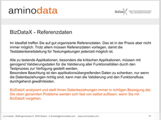aminodata : Mellingerstrasse 6: 5400 Baden : d.kinkela@aminodata.com : www.aminodata.com : 15
BizDataX - Referenzdaten
Im Idealfall treffen Sie auf gut organisierte Referenzdaten. Das ist in der Praxis aber nicht
immer möglich. Trotz allem müssen Referenzdaten vorliegen, damit die
Testdatenbereitstellung für Testumgebungen jederzeit möglich ist.
Alle zu testende Applikationen, besonders die kritischen Applikationen, müssen mit
genügend Validierungsdaten für die Validierung aller Funktionalitäten durch den
Testprozess zur Verfügung gestellt werden.
Besondere Beachtung ist den applikationsübergreifenden Daten zu schenken, nur wenn
die Datenbeziehungen richtig sind, kann man die Validierung und den Funktionsfluss
durchgehend gewährleisten.
BizDataX analysiert und stellt Ihnen Datenbeziehungen immer in richtigen Bezeigung dar.
Die oben genannten Probleme werden sich fast von selbst auflösen, wenn Sie mit
BizDataX vorgehen.
 