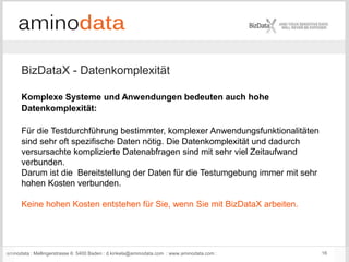 aminodata : Mellingerstrasse 6: 5400 Baden : d.kinkela@aminodata.com : www.aminodata.com : 16
BizDataX - Datenkomplexität
Komplexe Systeme und Anwendungen bedeuten auch hohe
Datenkomplexität:
Für die Testdurchführung bestimmter, komplexer Anwendungsfunktionalitäten
sind sehr oft spezifische Daten nötig. Die Datenkomplexität und dadurch
versursachte komplizierte Datenabfragen sind mit sehr viel Zeitaufwand
verbunden.
Darum ist die Bereitstellung der Daten für die Testumgebung immer mit sehr
hohen Kosten verbunden.
Keine hohen Kosten entstehen für Sie, wenn Sie mit BizDataX arbeiten.
 