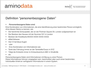 aminodata : Mellingerstrasse 6: 5400 Baden : d.kinkela@aminodata.com : www.aminodata.com : 4
 Personenbezogene Daten sind:
Eine Kombination von Informationen, die eine Identifizierung einer bestimmten Person ermöglicht,
ohne dessen Name zu kennen, wie
 Der berühmte Schauspieler, der an der Portman Square 54, London aufgewachsen ist
 Der Besitzer des Hauses mit der Nummer 531 in London
 Besitzer der Kreditkarte #XXXX XXXX XXXX XXXX
 eMail Adresse
 Herr X hat blaue Augen
 oder
 Eine Kombination von Informationen wie
 Tankt das Fahrzeug immer an der Tankstelle Exxon in XYZ
 Tätigt die Einkäufe immer im Einkaufszentrum ABC in Smallville
 etc.
Personenbezogene Daten sind Informationen mit Bezug zu einer Person.
Diese Informationen können vorgegeben sein, beschreiben aber auch einen bestimmten,
individuellen Anteil an verfügbaren Informationen in einem System.
Definition “personenbezogene Daten”
 