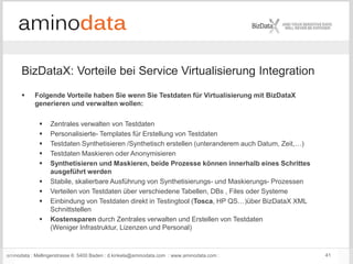 aminodata : Mellingerstrasse 6: 5400 Baden : d.kinkela@aminodata.com : www.aminodata.com : 41
BizDataX: Vorteile bei Service Virtualisierung Integration
 Folgende Vorteile haben Sie wenn Sie Testdaten für Virtualisierung mit BizDataX
generieren und verwalten wollen:
 Zentrales verwalten von Testdaten
 Personalisierte- Templates für Erstellung von Testdaten
 Testdaten Synthetisieren /Synthetisch erstellen (unteranderem auch Datum, Zeit,…)
 Testdaten Maskieren oder Anonymisieren
 Synthetisieren und Maskieren, beide Prozesse können innerhalb eines Schrittes
ausgeführt werden
 Stabile, skalierbare Ausführung von Synthetisierungs- und Maskierungs- Prozessen
 Verteilen von Testdaten über verschiedene Tabellen, DBs , Files oder Systeme
 Einbindung von Testdaten direkt in Testingtool (Tosca, HP QS…)über BizDataX XML
Schnittstellen
 Kostensparen durch Zentrales verwalten und Erstellen von Testdaten
(Weniger Infrastruktur, Lizenzen und Personal)
 