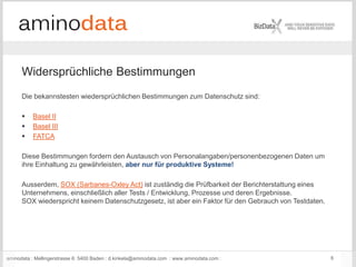 aminodata : Mellingerstrasse 6: 5400 Baden : d.kinkela@aminodata.com : www.aminodata.com : 6
Widersprüchliche Bestimmungen
Die bekannstesten wiedersprüchlichen Bestimmungen zum Datenschutz sind:
 Basel II
 Basel III
 FATCA
Diese Bestimmungen fordern den Austausch von Personalangaben/personenbezogenen Daten um
ihre Einhaltung zu gewährleisten, aber nur für produktive Systeme!
Ausserdem, SOX (Sarbanes-Oxley Act) ist zuständig die Prüfbarkeit der Berichterstattung eines
Unternehmens, einschließlich aller Tests / Entwicklung, Prozesse und deren Ergebnisse.
SOX wiederspricht keinem Datenschutzgesetz, ist aber ein Faktor für den Gebrauch von Testdaten.
 