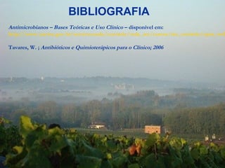 BIBLIOGRAFIA
Antimicrobianos – Bases Teóricas e Uso Clínico – disponível em:
http://www.anvisa.gov.br/servicosaude/controle/rede_rm/cursos/rm_controle/opas_web

Tavares, W. ; Antibióticos e Quimioterápicos para o Clínico; 2006
 