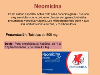 Es de amplio espectro. Actúa frete a las especies gram – que son
muy sensibles son: e.coli, enterobacter aerogenes, klebsiella
pneumoniae y proteus vulgaris. Los microorganismos gram + que
son inhibidos son: s.aureus, y m.tuberculosis.
Dosis: Para encefalopatía hepática de 4 a
12g fraccionados y de resto 4 a 6 g.
Presentación: Tabletas de 500 mg
 