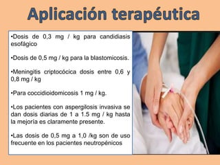 •Dosis de 0,3 mg / kg para candidiasis
esofágico
•Dosis de 0,5 mg / kg para la blastomicosis.
•Meningitis criptocócica dosis entre 0,6 y
0,8 mg / kg
•Para coccidioidomicosis 1 mg / kg.
•Los pacientes con aspergilosis invasiva se
dan dosis diarias de 1 a 1.5 mg / kg hasta
la mejoría es claramente presente.
•Las dosis de 0,5 mg a 1,0 /kg son de uso
frecuente en los pacientes neutropénicos
 