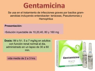 Se usa en el tratamiento de infecciones graves por bacilos gram-
aerobias incluyendo enterobacter- teriaceas, Pseudomonas y
Hemophilus
Dosis: IM o IV-. 5 a 7 mg/kg en adultos
con función renal normal al dia,
administrado en un lapso de 30 a 60
min.
Presentación:
•Solución inyectable de 10,20,40, 80 y 160 mg
vida media de 2 a 3 hrs.
 
