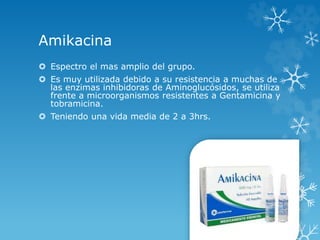 Amikacina 
 Espectro el mas amplio del grupo. 
 Es muy utilizada debido a su resistencia a muchas de 
las enzimas inhibidoras de Aminoglucósidos, se utiliza 
frente a microorganismos resistentes a Gentamicina y 
tobramicina. 
 Teniendo una vida media de 2 a 3hrs. 
 