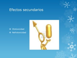 Efectos secundarios 
 Ototoxicidad 
 Nefrotoxicidad 
 