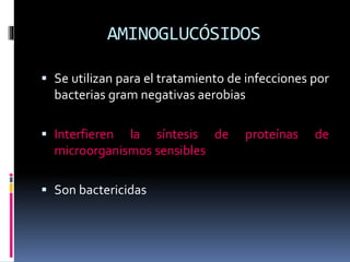 AMINOGLUCÓSIDOS 
 Se utilizan para el tratamiento de infecciones por 
bacterias gram negativas aerobias 
 Interfieren la síntesis de proteínas de 
microorganismos sensibles 
 Son bactericidas 
 
