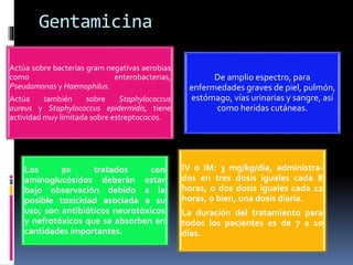 Gentamicina 
Actúa sobre bacterias gram negativas aerobias 
como enterobacterias, 
Pseudomonas y Haemophilus. 
Actúa también sobre Staphylococcus 
aureus y Staphylococcus epidermidis, tiene 
actividad muy limitada sobre estreptococos. 
De amplio espectro, para 
enfermedades graves de piel, pulmón, 
estómago, vías urinarias y sangre, así 
como heridas cutáneas. 
Los px tratados con 
aminoglucósidos deberán estar 
bajo observación debido a la 
posible toxicidad asociada a su 
uso; son antibióticos neurotóxicos 
y nefrotóxicos que se absorben en 
cantidades importantes. 
IV o IM: 3 mg/kg/día, administra-dos 
en tres dosis iguales cada 8 
horas, o dos dosis iguales cada 12 
horas, o bien, una dosis diaria. 
La duración del tratamiento para 
todos los pacientes es de 7 a 10 
días. 
 