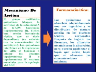 Mecanismo De
Acción:
El grupo antibiótico
quinolonas bloquea la
actividad de la subunidad A
de la ADN bacteriana
(topoisomerasa II). Tienen
una acción bactericida
rápida, que es dosis
dependiente (en relación
con la concentración del
antibiótico). Las quinolonas
interfieren en la replicación
del ADN al bloquear o
inhibir las enzimas
topoisomerasa II y
topoisomerasa IV, enzimas
esenciales para la topología
 del ADN.
Farmacocinética:
Las quinolonas se
absorben adecuadamente
una vez ingeridas y se
distribuyen de manera
amplia en los diversos
tejidos corporales.
Después de ingerir los
fármacos, los alimentos
no aminoran la absorción,
pero pueden prolongar el
lapso que media hasta
que se alcanzan las
concentraciones
máximas.
 