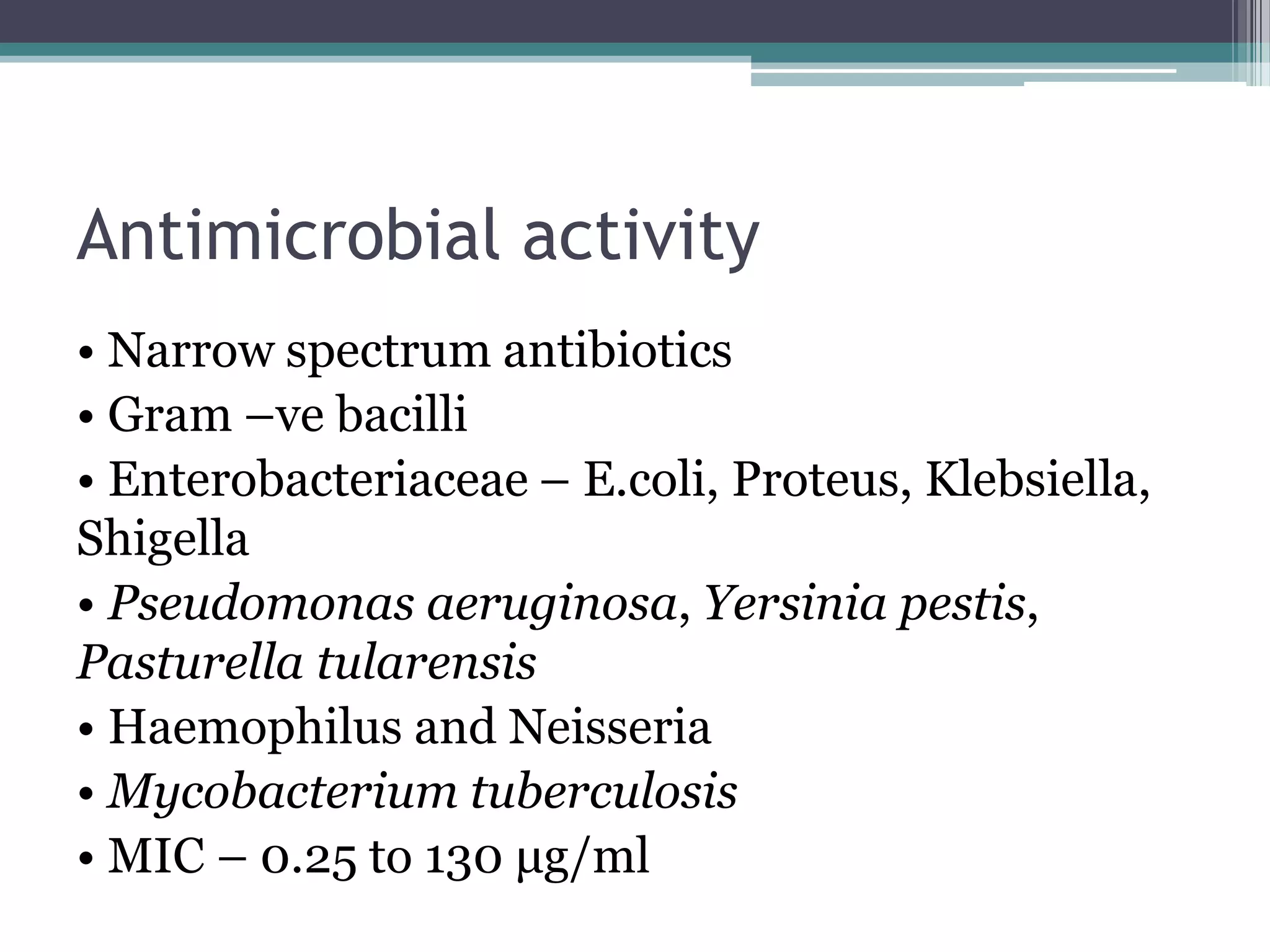 Antimicrobial activity
• Narrow spectrum antibiotics
• Gram –ve bacilli
• Enterobacteriaceae – E.coli, Proteus, Klebsiella,
Shigella
• Pseudomonas aeruginosa, Yersinia pestis,
Pasturella tularensis
• Haemophilus and Neisseria
• Mycobacterium tuberculosis
• MIC – 0.25 to 130 μg/ml
 