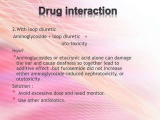 2.With loop diuretic
Aminoglycoside + loop diuretic =
oto-toxicity
How?
*Aminoglycosides or etacrynic acid alone can damage
the ear and cause deafness so together lead to
additive effect .but furosemide did not increase
either aminoglycoside-induced nephrotoxicity, or
ototoxicity
Solution :
* Avoid excessive dose and need monitor.
* Use other antibiotics.
 