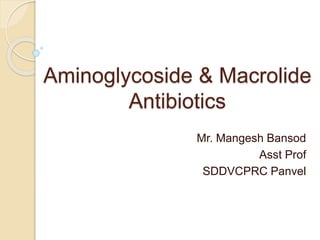 Aminoglycoside & Macrolide
Antibiotics
Mr. Mangesh Bansod
Asst Prof
SDDVCPRC Panvel
 