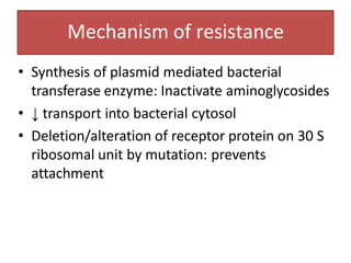 Mechanism of resistance
• Synthesis of plasmid mediated bacterial
transferase enzyme: Inactivate aminoglycosides
• ↓ transport into bacterial cytosol
• Deletion/alteration of receptor protein on 30 S
ribosomal unit by mutation: prevents
attachment
 