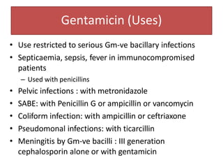 Gentamicin (Uses)
• Use restricted to serious Gm-ve bacillary infections
• Septicaemia, sepsis, fever in immunocompromised
patients
– Used with penicillins
• Pelvic infections : with metronidazole
• SABE: with Penicillin G or ampicillin or vancomycin
• Coliform infection: with ampicillin or ceftriaxone
• Pseudomonal infections: with ticarcillin
• Meningitis by Gm-ve bacilli : III generation
cephalosporin alone or with gentamicin
 