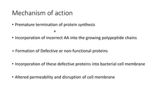 Mechanism of action
• Premature termination of protein synthesis
+
• Incorporation of incorrect AA into the growing polypeptide chains
= Formation of Defective or non-functional proteins
• Incorporation of these defective proteins into bacterial cell membrane
• Altered permeability and disruption of cell membrane
 