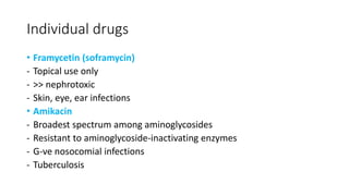 Individual drugs
• Framycetin (soframycin)
- Topical use only
- >> nephrotoxic
- Skin, eye, ear infections
• Amikacin
- Broadest spectrum among aminoglycosides
- Resistant to aminoglycoside-inactivating enzymes
- G-ve nosocomial infections
- Tuberculosis
 