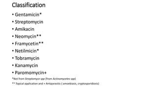 Classification
• Gentamicin*
• Streptomycin
• Amikacin
• Neomycin**
• Framycetin**
• Netilmicin*
• Tobramycin
• Kanamycin
• Paromomycin+
*Not from Streptomyce spp (from Actinomycetes spp)
** Topical application and + Antiparasitic ( amoebiasis, cryptosporidiosis)
 