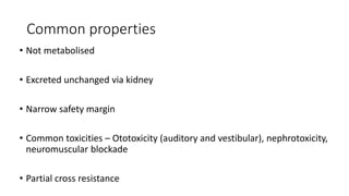 Common properties
• Not metabolised
• Excreted unchanged via kidney
• Narrow safety margin
• Common toxicities – Ototoxicity (auditory and vestibular), nephrotoxicity,
neuromuscular blockade
• Partial cross resistance
 