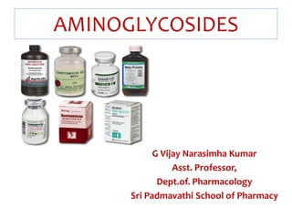 AMINOGLYCOSIDES
G Vijay Narasimha Kumar
Asst. Professor,
Dept.of. Pharmacology
Sri Padmavathi School of Pharmacy
 