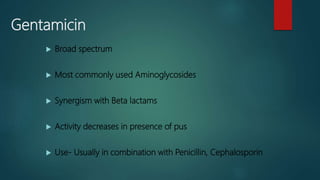 Gentamicin
 Broad spectrum
 Most commonly used Aminoglycosides
 Synergism with Beta lactams
 Activity decreases in presence of pus
 Use- Usually in combination with Penicillin, Cephalosporin
 